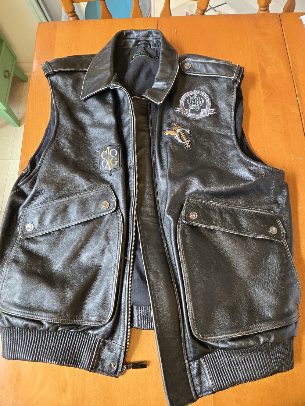 COOGI Black Leather Vest with Patch Accents